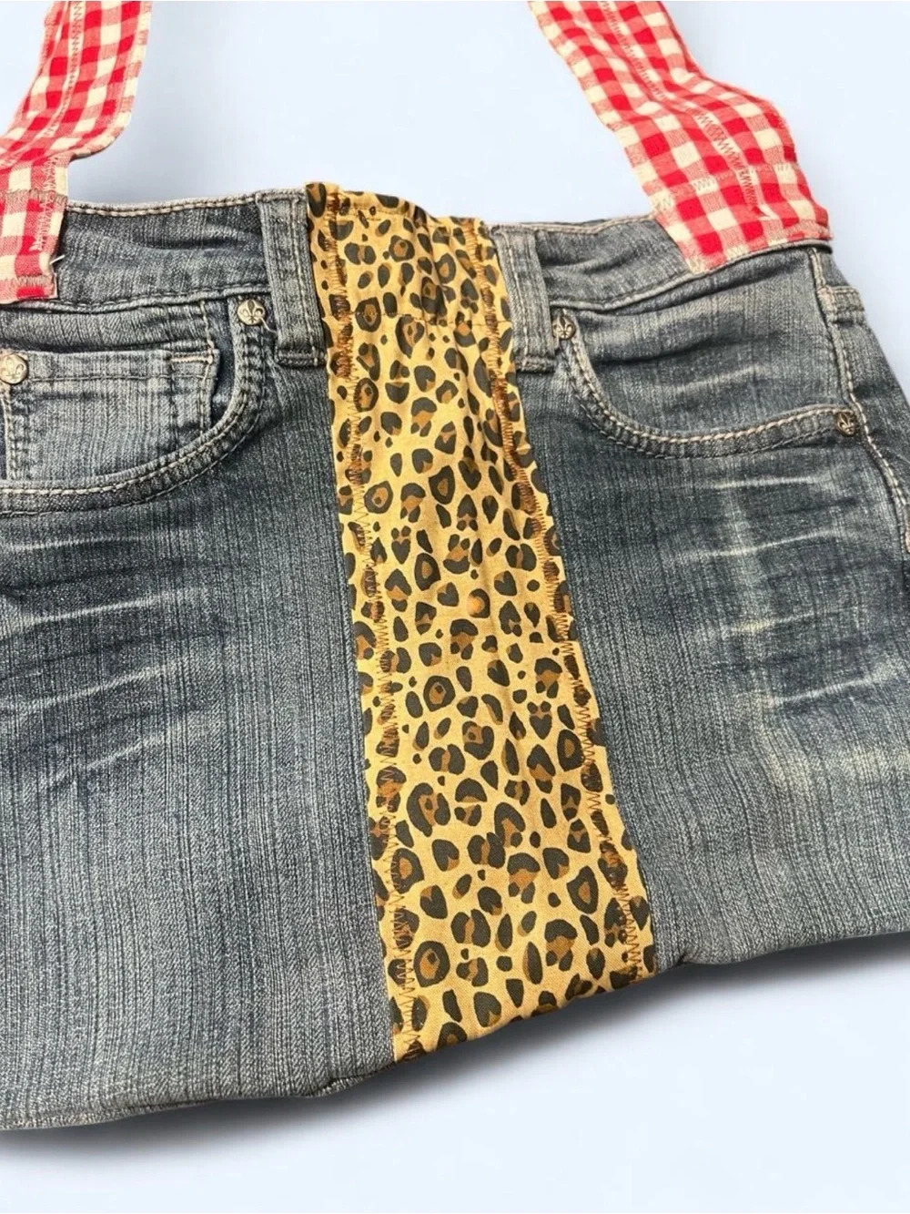 Source Unknown Denim Tote with Leopard Center and Red Gingham Strap